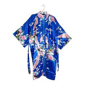 Dynasty (皇朝服飾) Multicolor Peacock Soft Satin Kimono Robe in Blue - Sz XXL